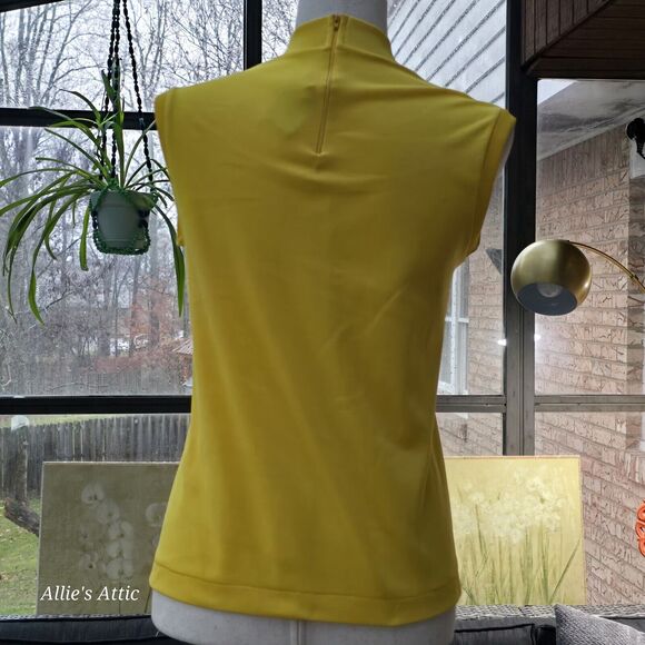 2 Sleeveless 70s Turtleneck Tops Shirt Zip Polyester Yellow Green Donnkenny S/M - Picture 5 of 12